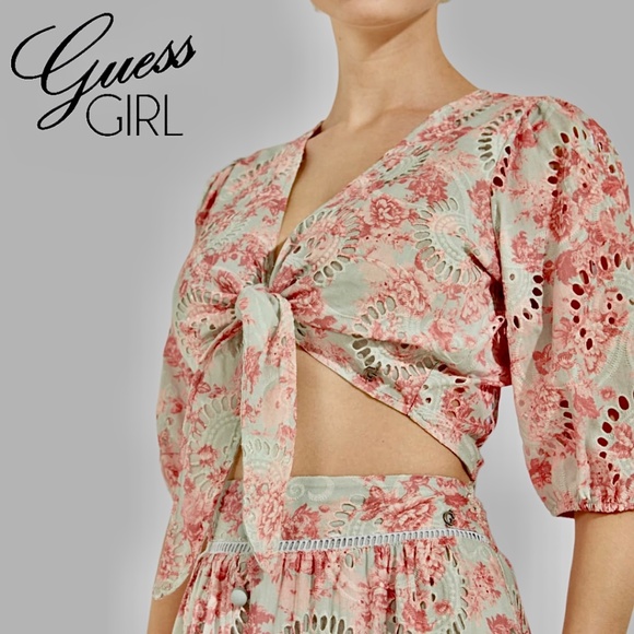 NWT GUESS Silvia Tie-Front Puff Sleeve Embroidered Eyelet Cotton Crop Top/XL - Picture 2 of 16